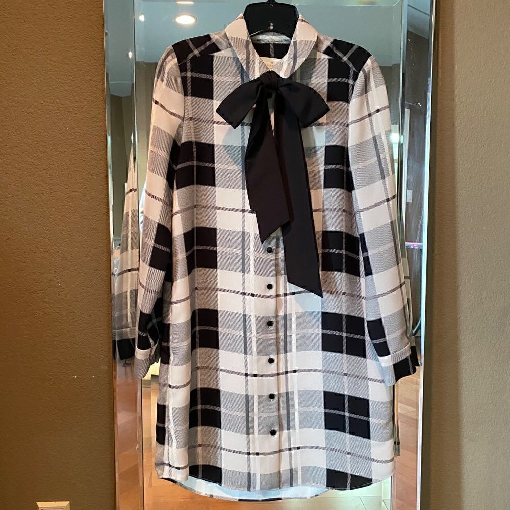 Kate Spade Woodland Plaid Griffin Shirt Dress Pumice Tie Neck Bow Sz 2